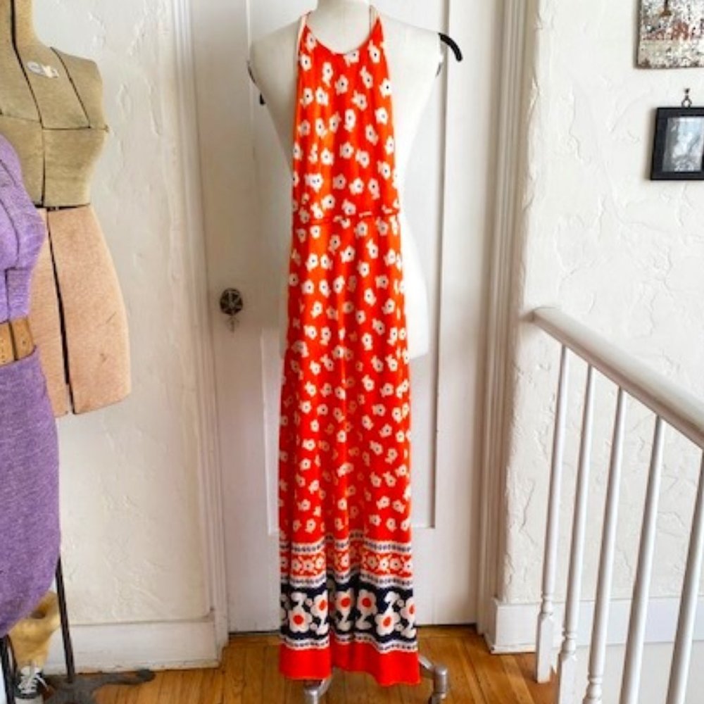 HANDMADE VINTAGE 70'S FAB FUN FLIRTY FLATTERING FLORAL FESTIVAL HALTER DRESS